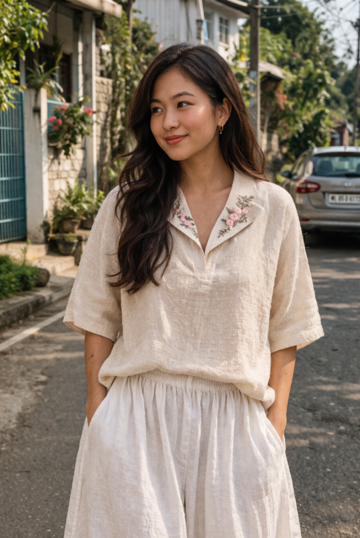Aroha Nayeli – Hand Embroidered Kala Cotton White Shirt