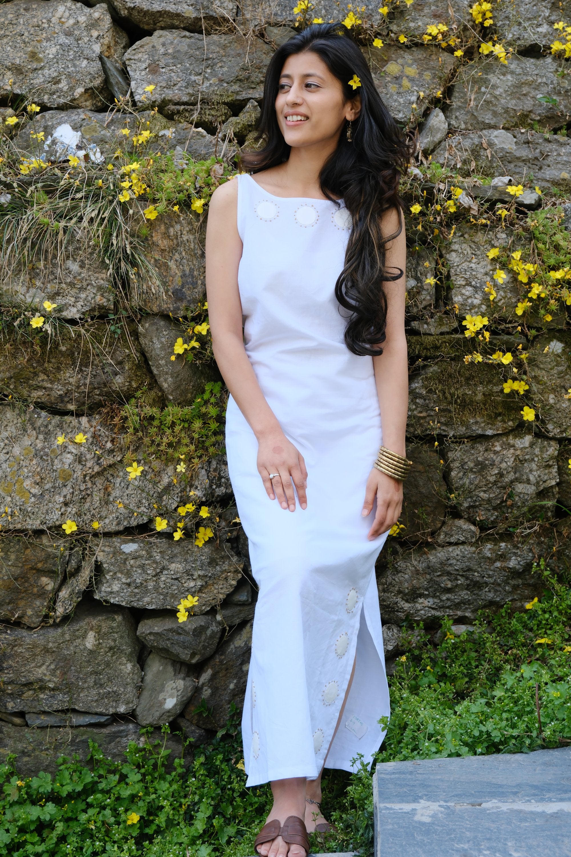 Aroha Sola Sleeveless White Summer Dress with Hand Appliqu White Co India Aroha Sola Sleeveless White Summer Dress with Hand Appliqu White Co India